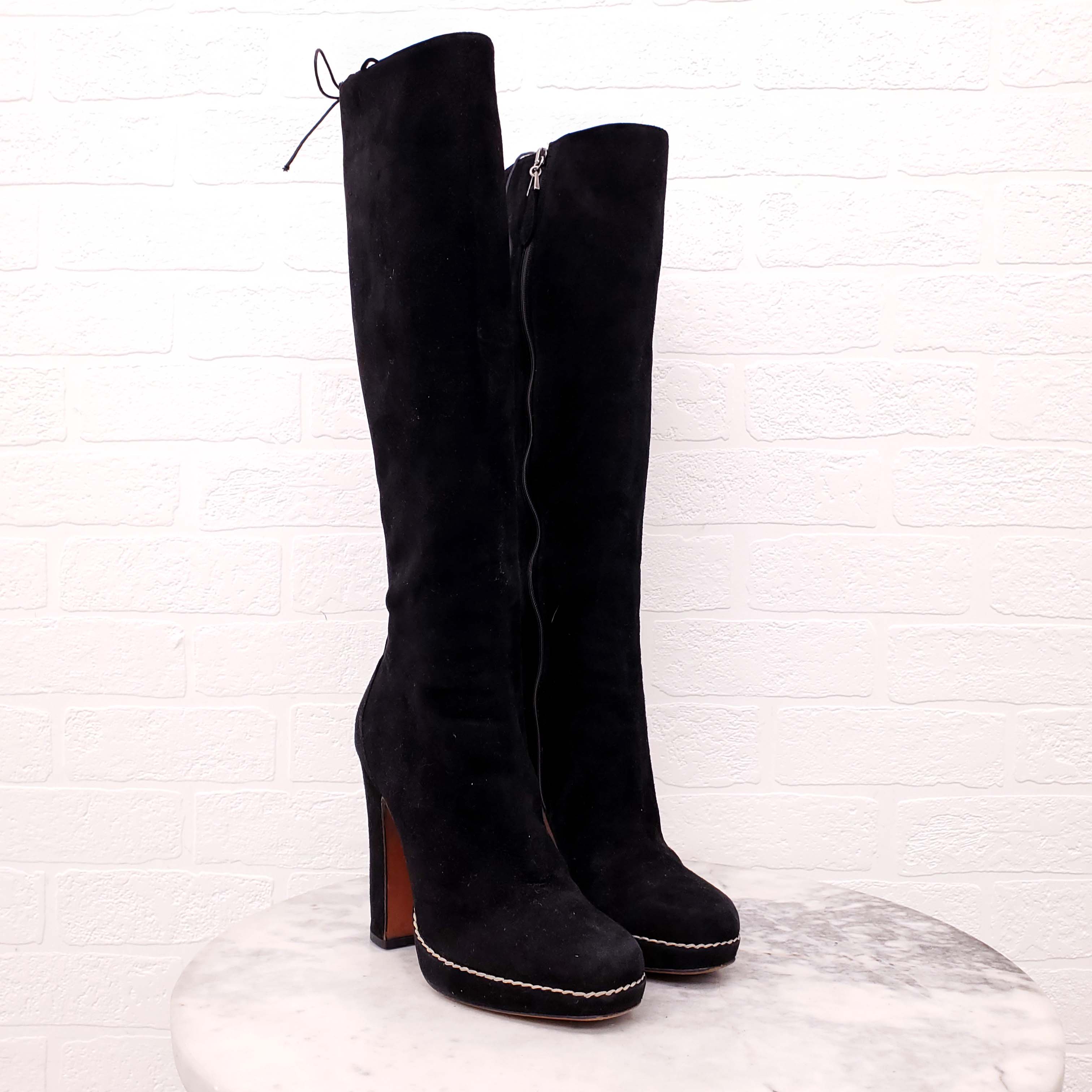 ALAÏA BLACK SUEDE BOOTS WITH CORSET BACK DETAIL - SIZE 36