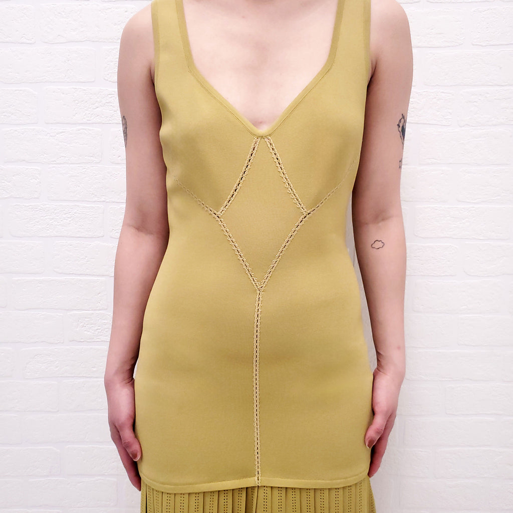 ALAÏA CHARTREUSE FITTED PLEATED DRESS - SIZE 40