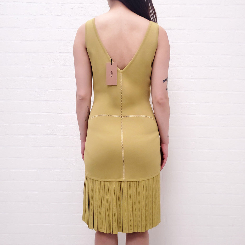 ALAÏA CHARTREUSE FITTED PLEATED DRESS - SIZE 40
