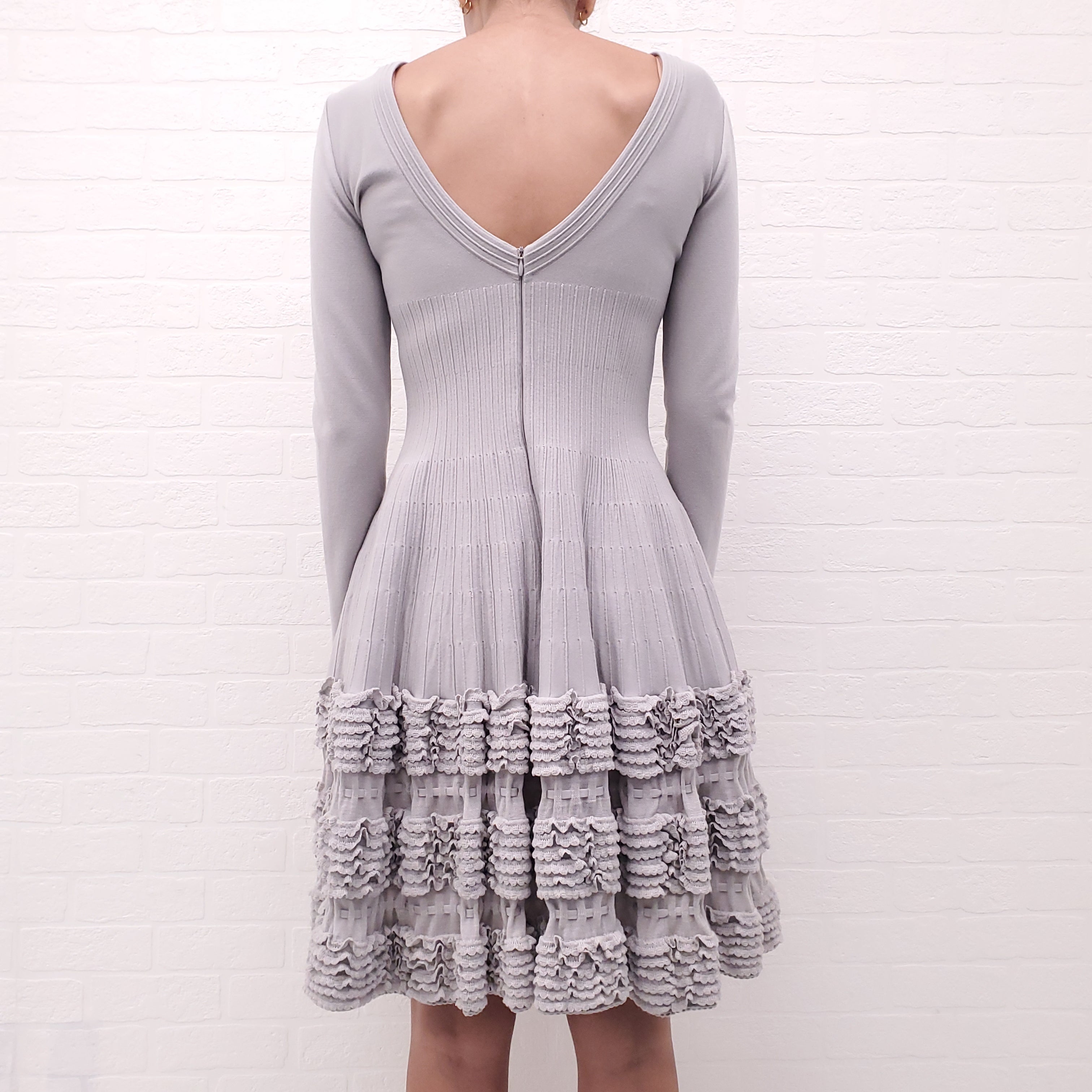 ALAÏA GREY LONG SLEEVE PEPLUM DRESS - SIZE 40