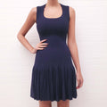 ALAÏA NAVY FITTED PLEATED PEPLUM DRESS - SIZE 38