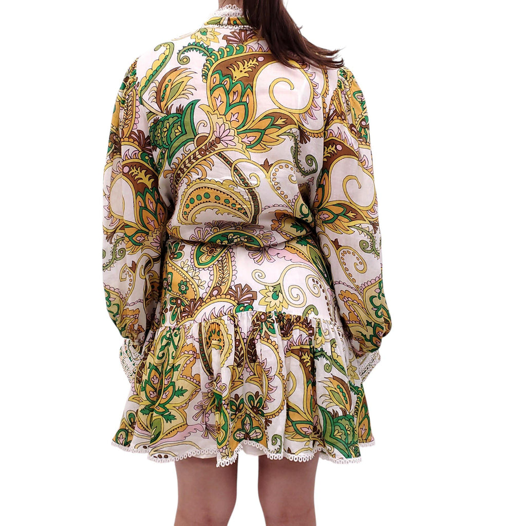 ALÉMAIS WHITE, GREEN AND YELLOW PAISLEY PRINT COTTON DRESS - SIZE 10