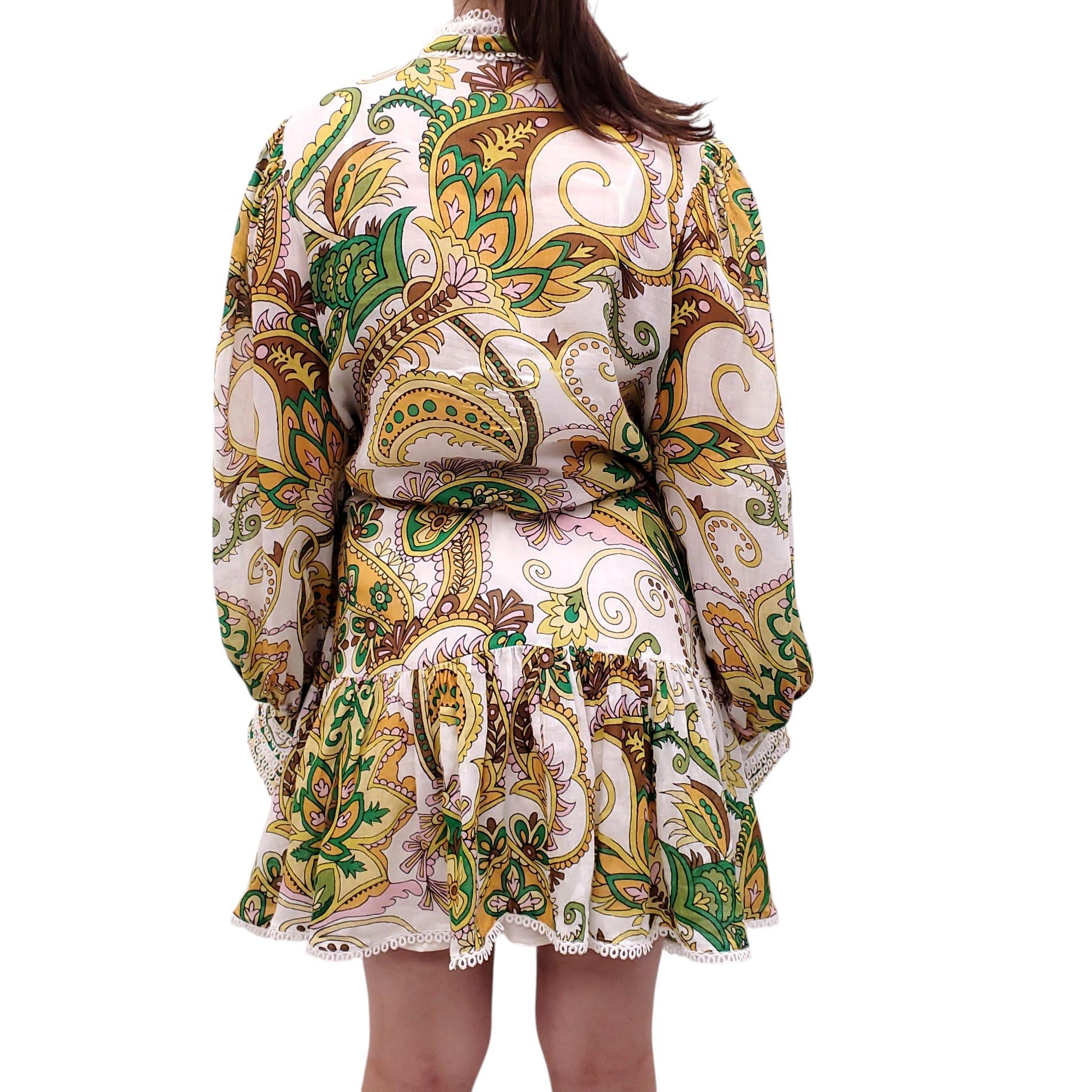 ALÉMAIS WHITE, GREEN AND YELLOW PAISLEY PRINT COTTON DRESS - SIZE 10