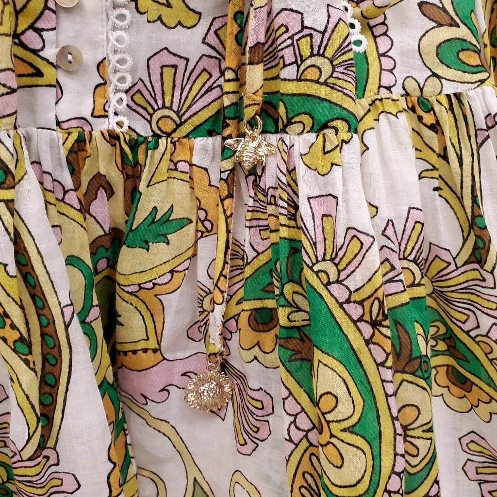ALÉMAIS WHITE, GREEN AND YELLOW PAISLEY PRINT COTTON DRESS - SIZE 10