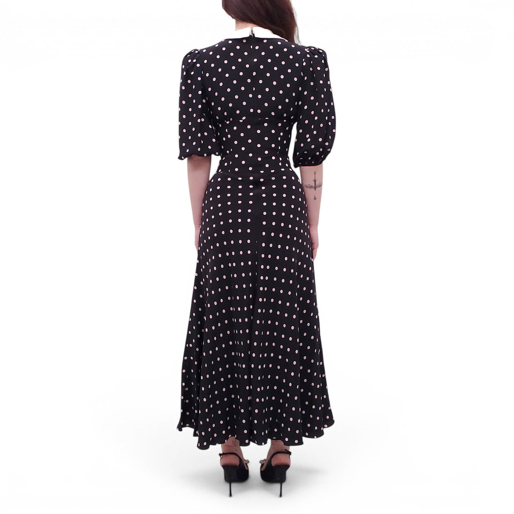 ALESSANDRA RICH BLACK AND PINK POLKA DOT RUFFLED SILK MIDI DRESS WITH PEARL BUTTONS - SIZE 36 (FITS SMALL)
