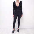 ALESSANDRA RICH BLACK RUFFLE JUMPSUIT WITH CRYSTALS - SIZE 40