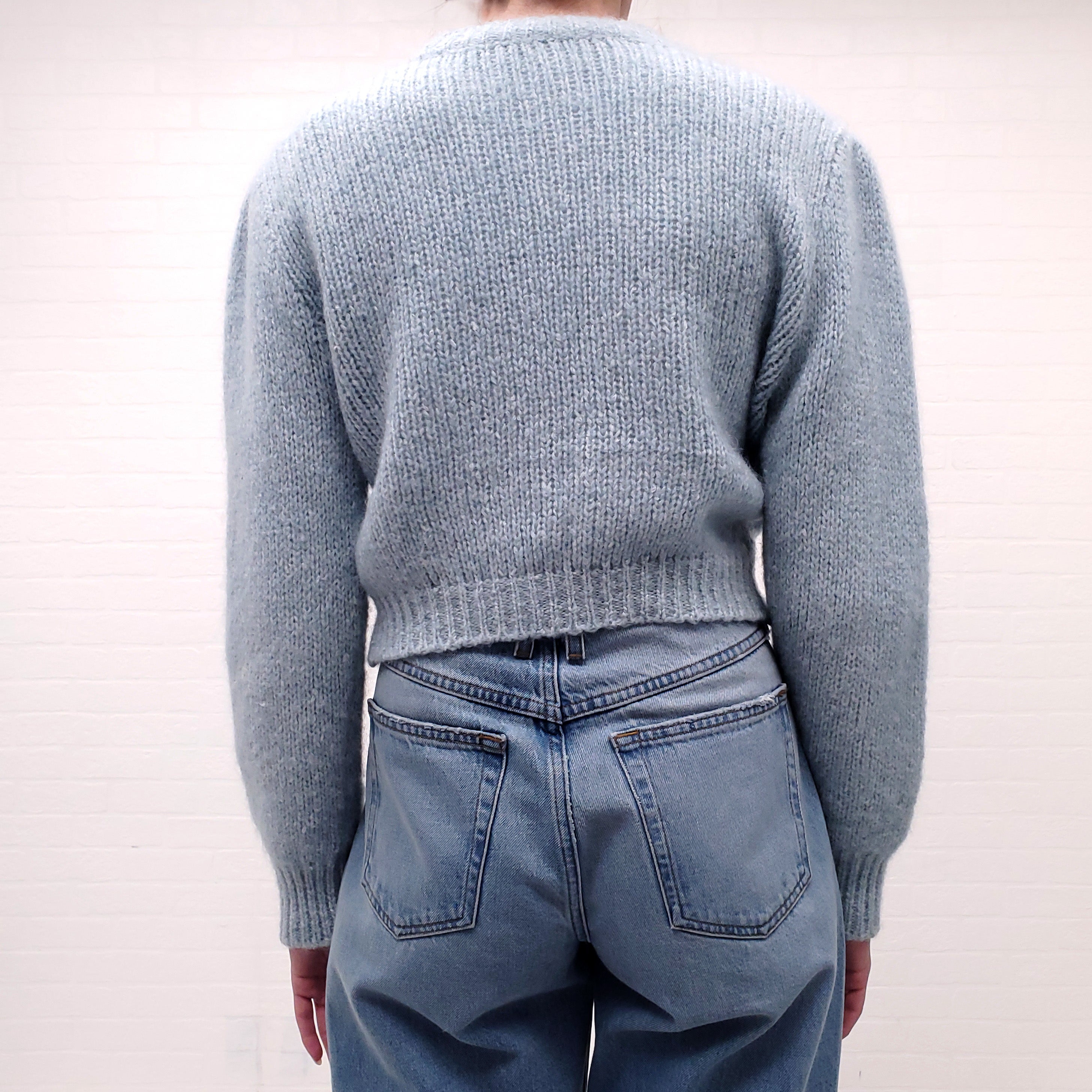 ALESSANDRA RICH BLUE FLORAL KNIT CARDIGAN - SIZE 40