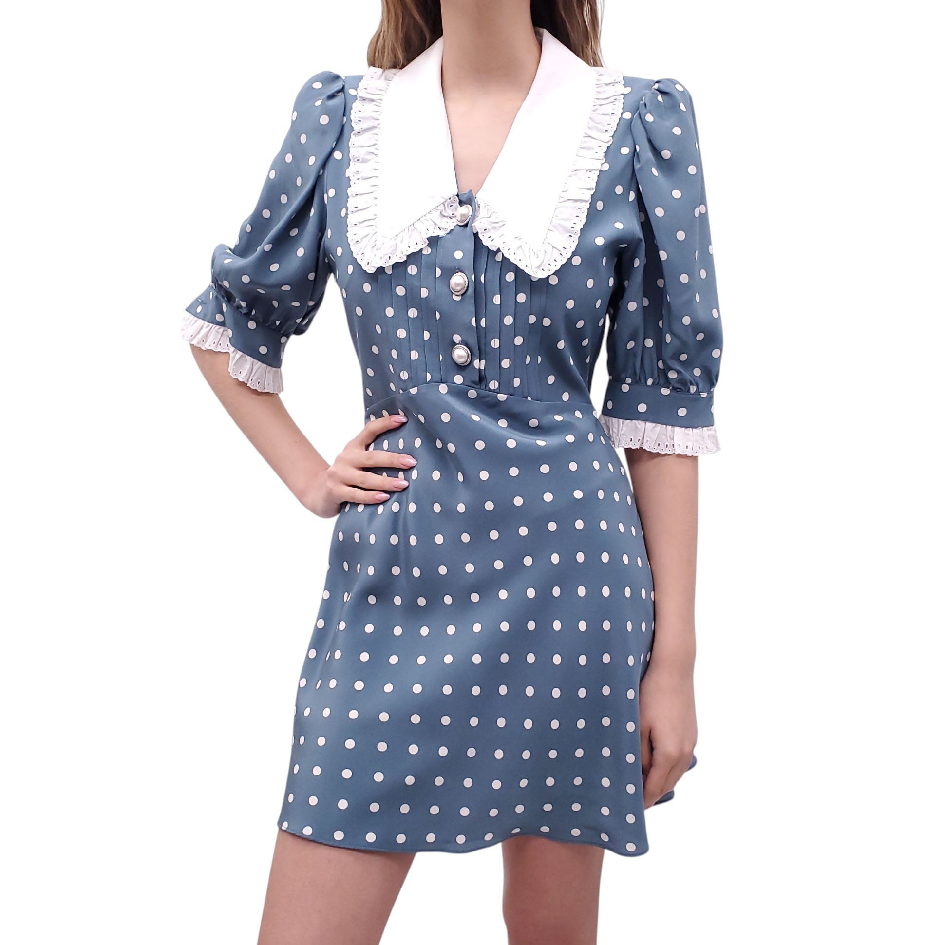 ALESSANDRA RICH BLUE POLKA DOT DRESS WITH COLLAR AND CRYSTAL PEARL BUTTONS - SIZE 42