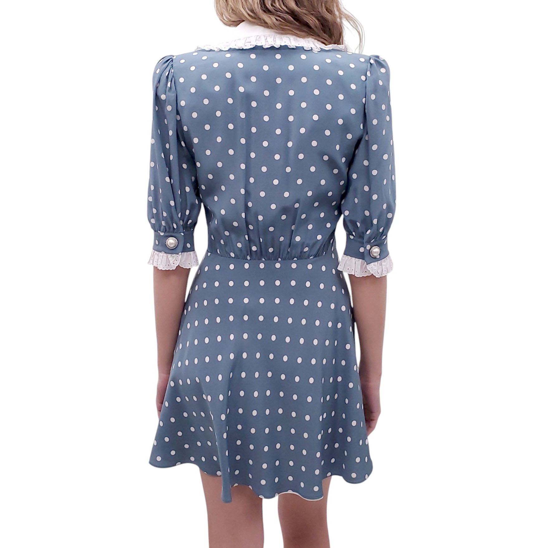 ALESSANDRA RICH BLUE POLKA DOT DRESS WITH COLLAR AND CRYSTAL PEARL BUTTONS - SIZE 42