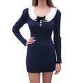 ALESSANDRA RICH NAVY LACE COLLARED RIBBED DRESS WITH BLACK VELVET BOW - SIZE 38
