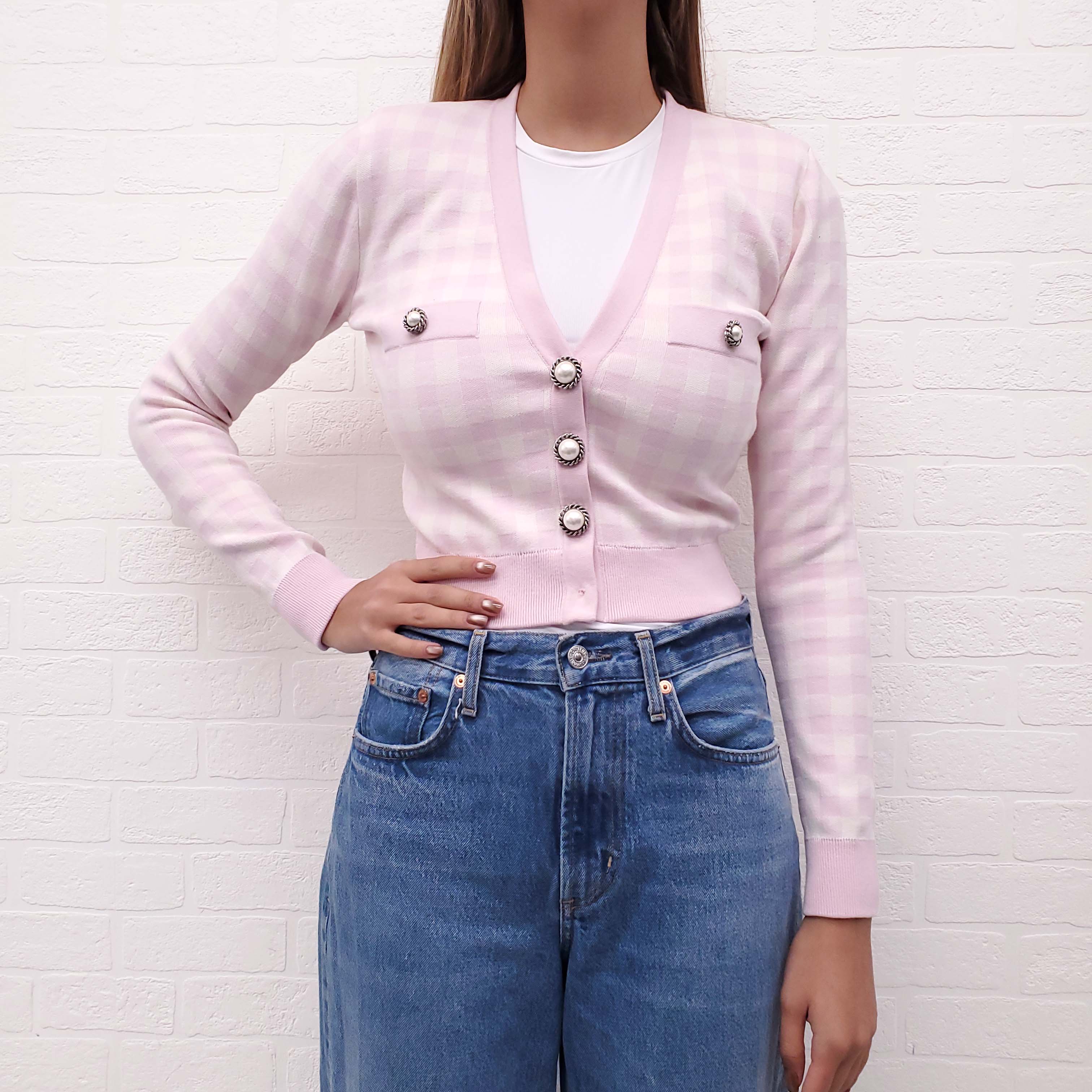 ALESSANDRA RICH PINK PLAID CARDIGAN WITH PEARL BUTTONS - SIZE 38