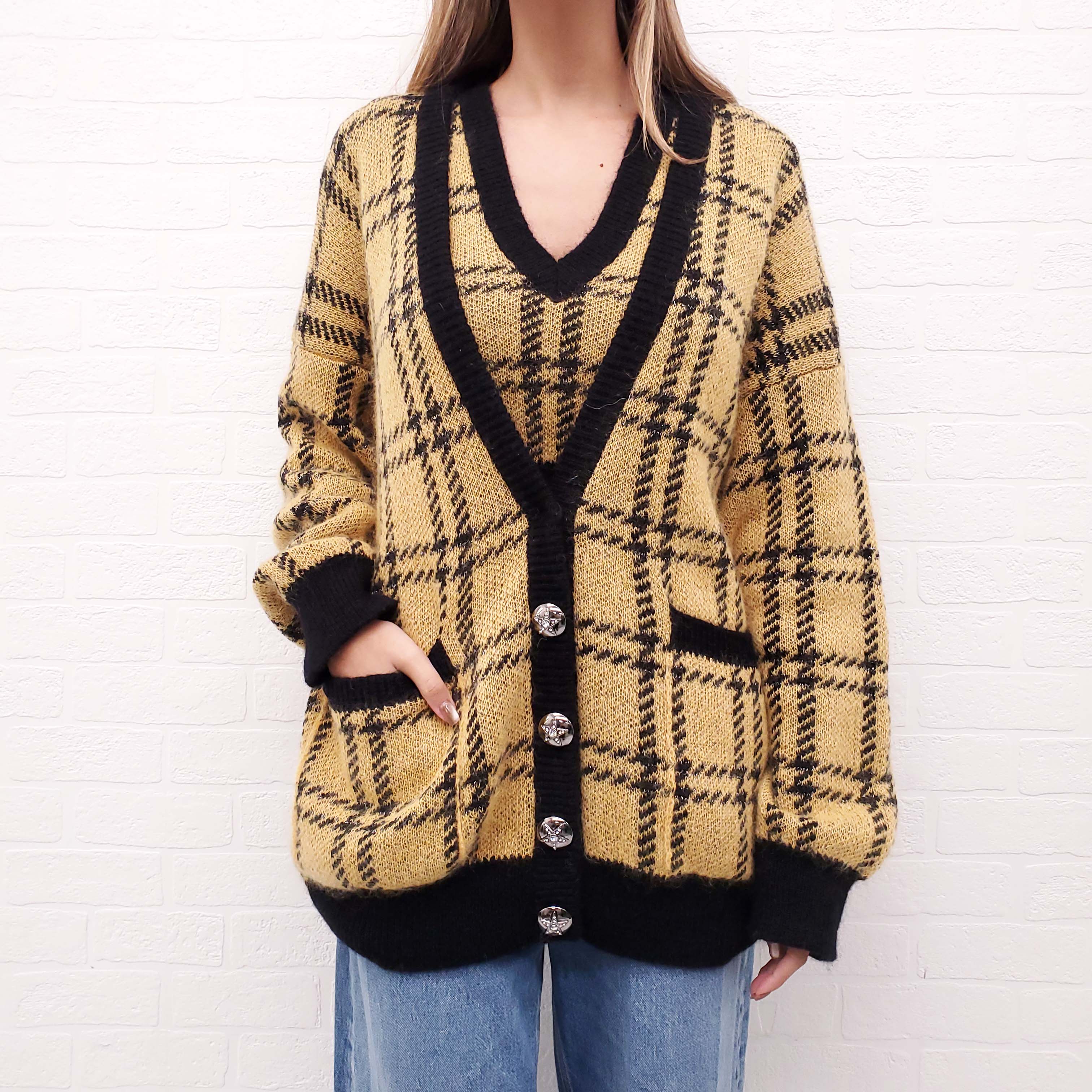 ALESSANDRA RICH YELLOW AND BLACK PLAID CARDIGAN SET - SIZE 38