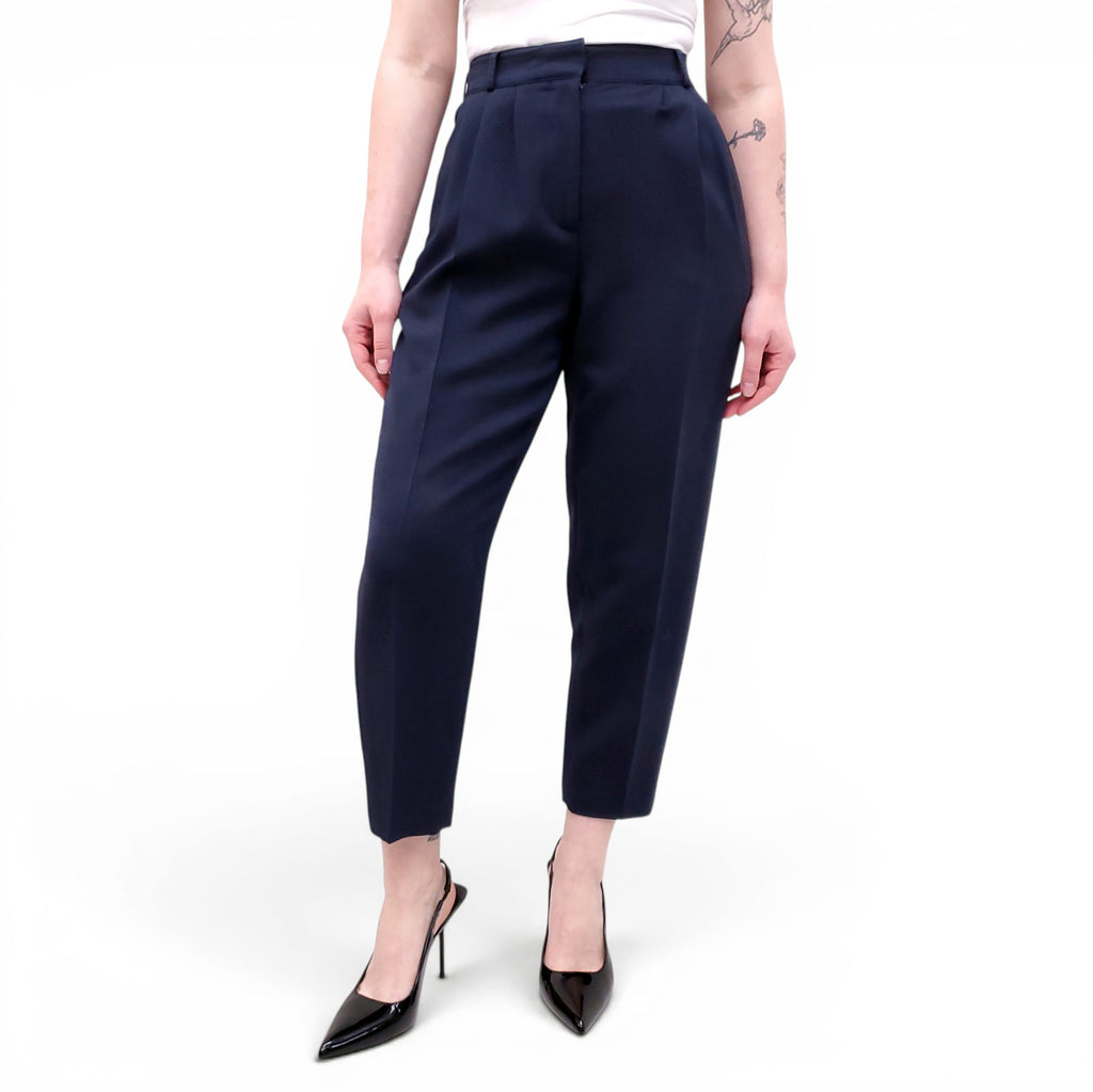 ALEXANDER MCQUEEN NAVY PLEATED TUXEDO TROUSERS - SIZE 38