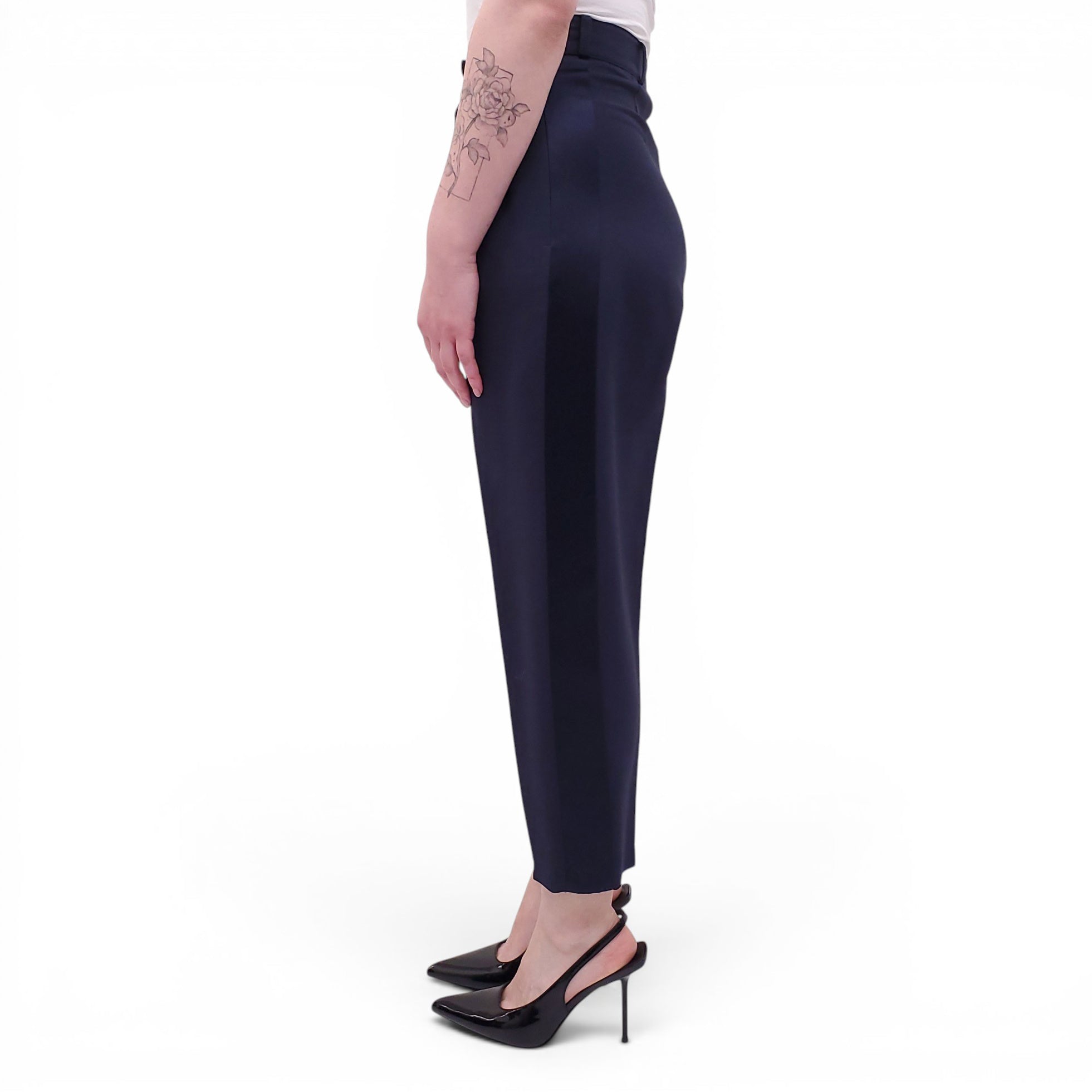 ALEXANDER MCQUEEN NAVY PLEATED TUXEDO TROUSERS - SIZE 38