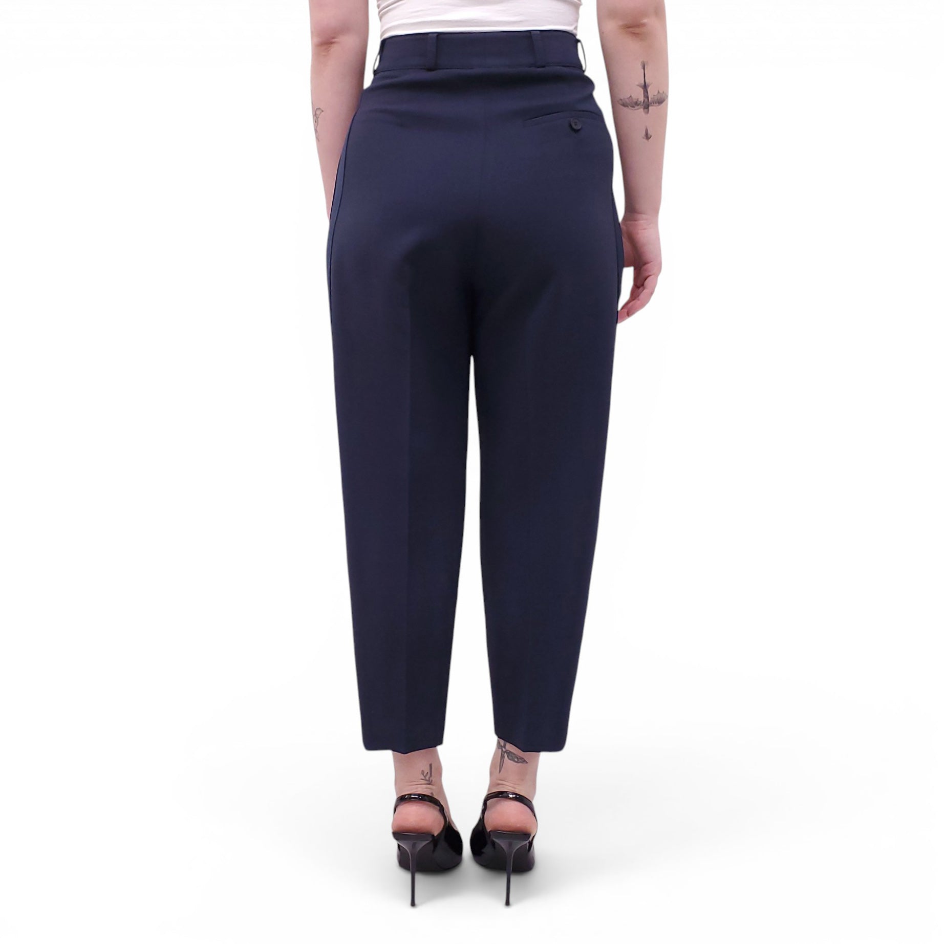ALEXANDER MCQUEEN NAVY PLEATED TUXEDO TROUSERS - SIZE 38