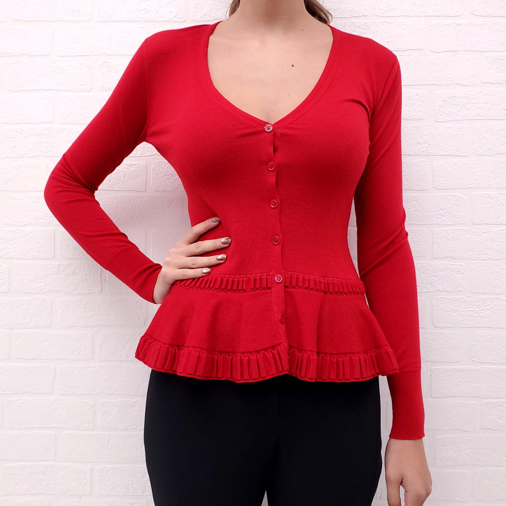 ALEXANDER MCQUEEN RED PEPLUM CARDIGAN - SIZE S