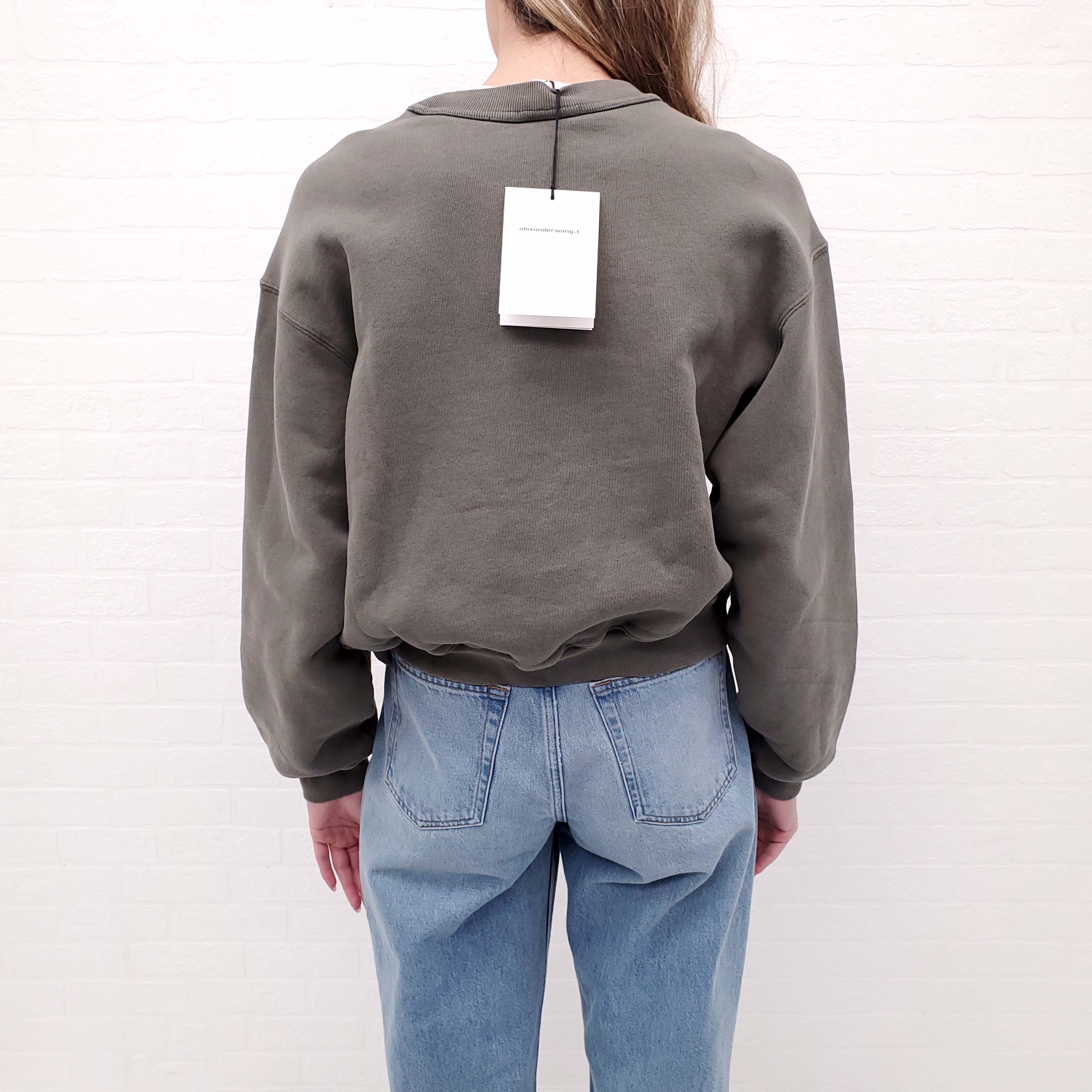 ALEXANDERWANG.T ARMY GREEN DISTRESSED PUFF PAINT LOGO CREWNECK SWEATER - SIZE XS