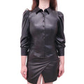 ALICE + OLIVIA BLACK VEGAN LEATHER BUTTON UP SHIRT WITH PUFF SLEEVE - SIZE S