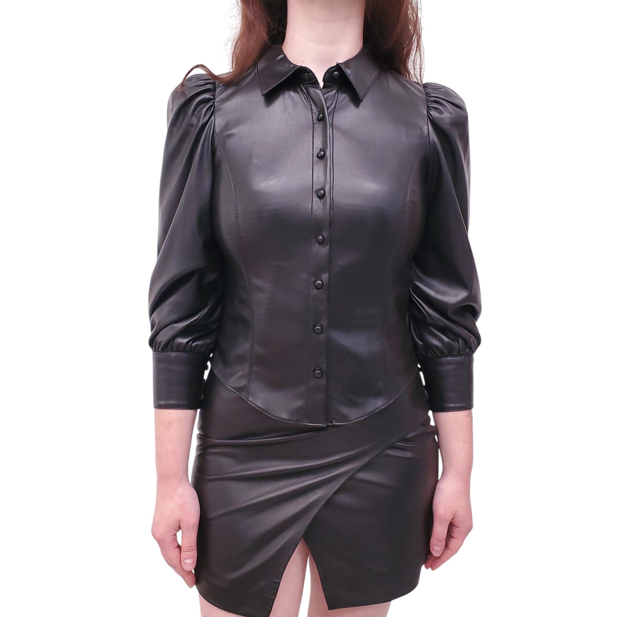 ALICE + OLIVIA BLACK VEGAN LEATHER BUTTON UP SHIRT WITH PUFF SLEEVE - SIZE S
