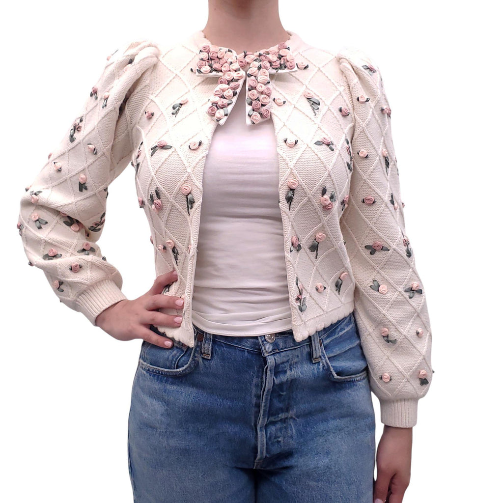 ALICE + OLIVIA ROSETTE EMBROIDERED CARDIGAN WITH BOW - SIZE M