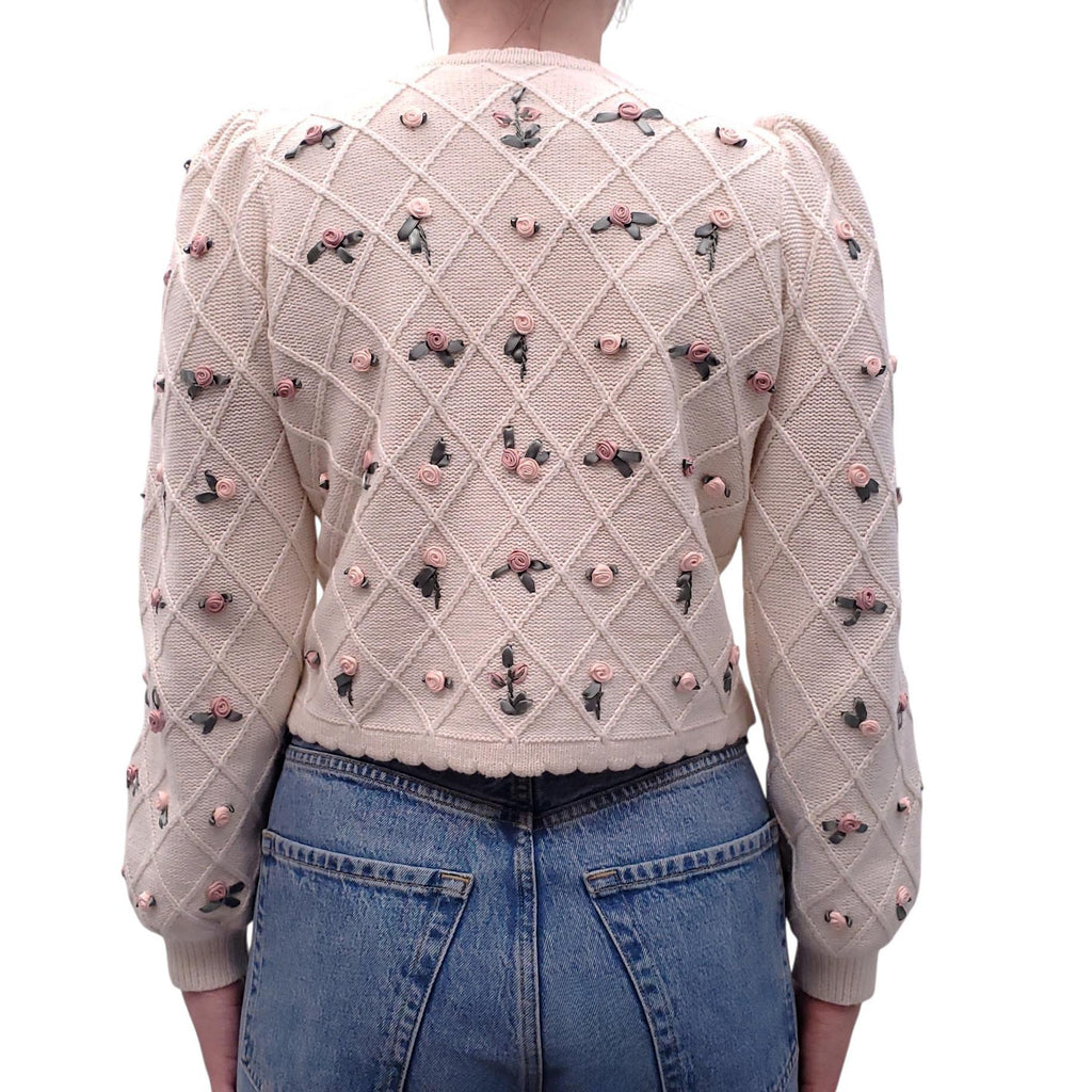 ALICE + OLIVIA ROSETTE EMBROIDERED CARDIGAN WITH BOW - SIZE M