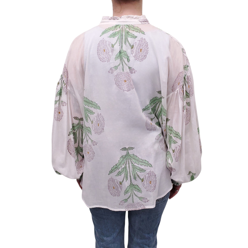 ALIX OF BOHEMIA WHITE AND GREEN FLORAL BLOUSE - SIZE L