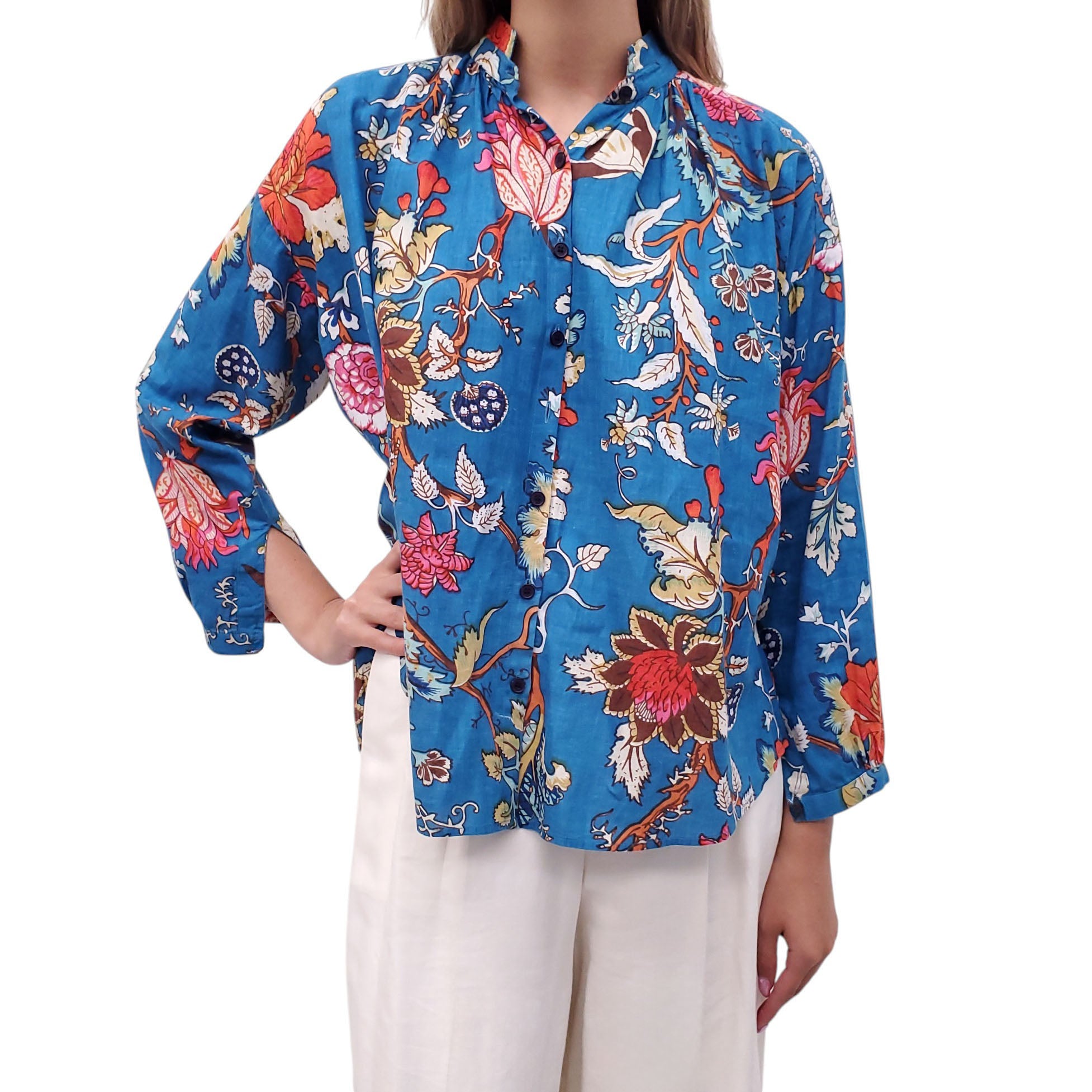 ALIX OF BOHEMIA BLUE AND ORANGE FLORAL BLOUSE - SIZE O/S