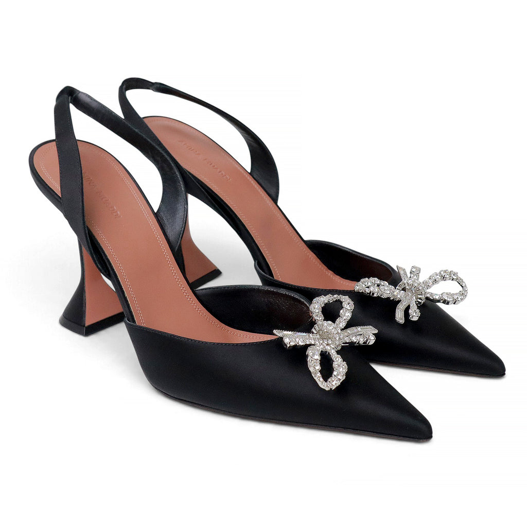AMINA MUADDI BLACK SATIN ROSIE CRYSTAL BOW SLINGBACK 95MM HEELS - SIZE 43