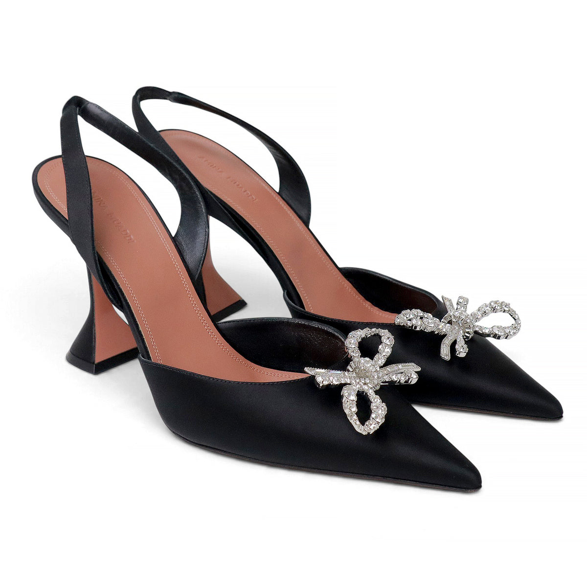 AMINA MUADDI BLACK SATIN ROSIE CRYSTAL BOW SLINGBACK 95MM HEELS - SIZE 43