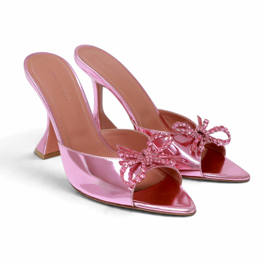 AMINA MUADDI METALLIC PINK ROSIE CRYSTAL BOW MULES - SIZE 39