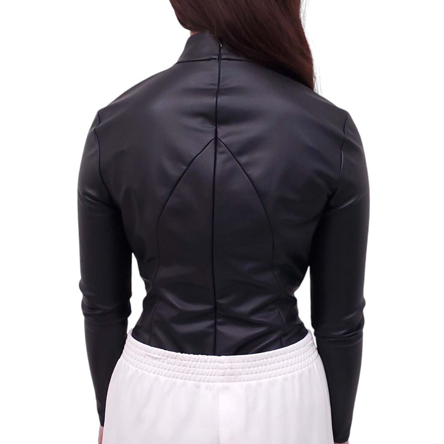 AMINA MUADDI X WOLFORD BLACK VEGAN LEATHER BODYSUIT - SIZE 40
