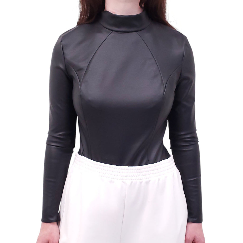 AMINA MUADDI X WOLFORD BLACK VEGAN LEATHER BODYSUIT - SIZE 40