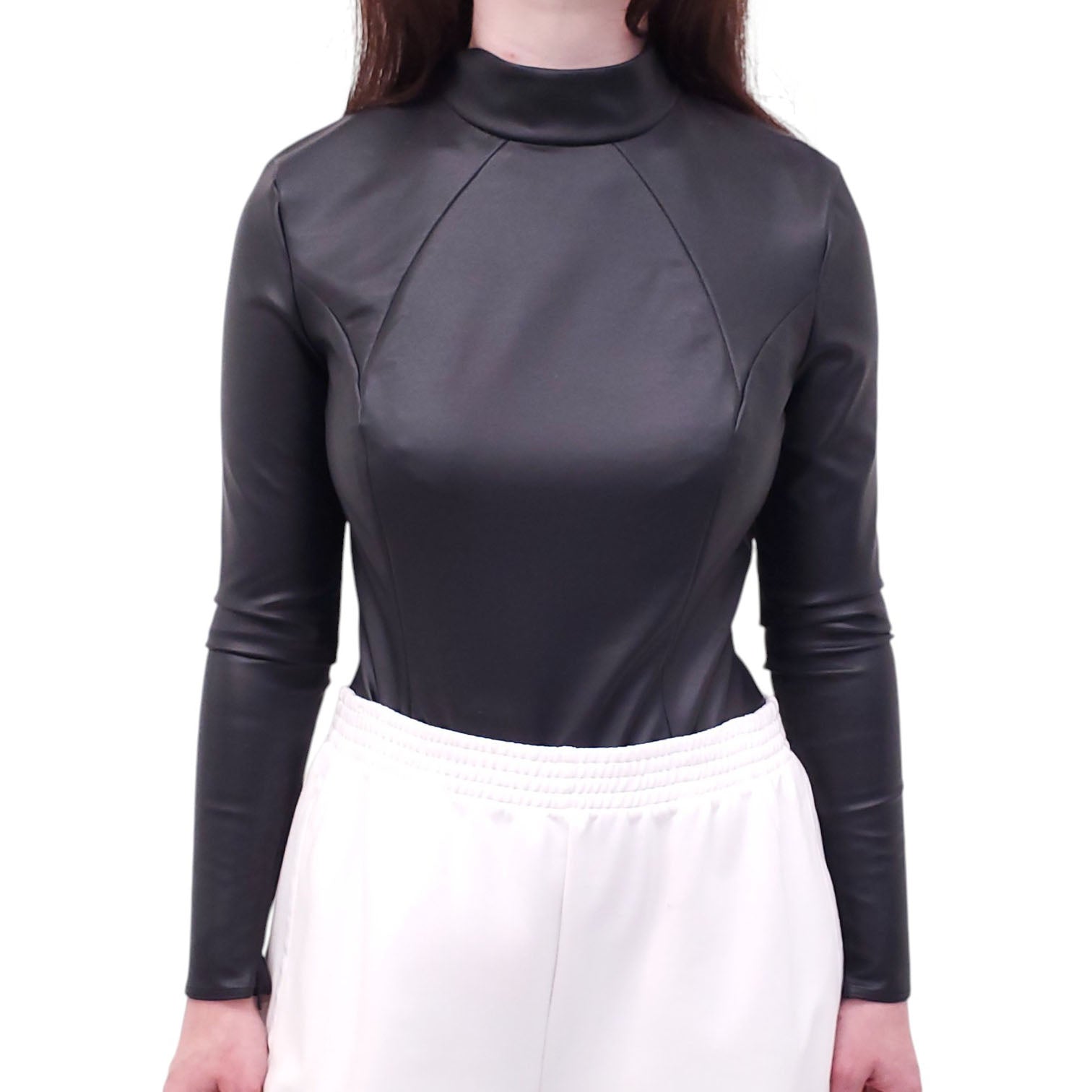 AMINA MUADDI X WOLFORD BLACK VEGAN LEATHER BODYSUIT - SIZE 40