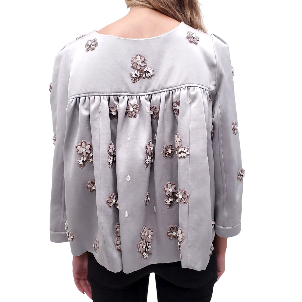 ANDREW GN GREY SATIN FLORAL EMBROIDERED JACKET - SIZE 44