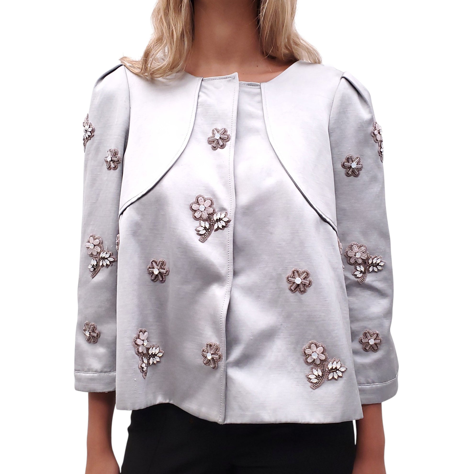 ANDREW GN GREY SATIN FLORAL EMBROIDERED JACKET - SIZE 44
