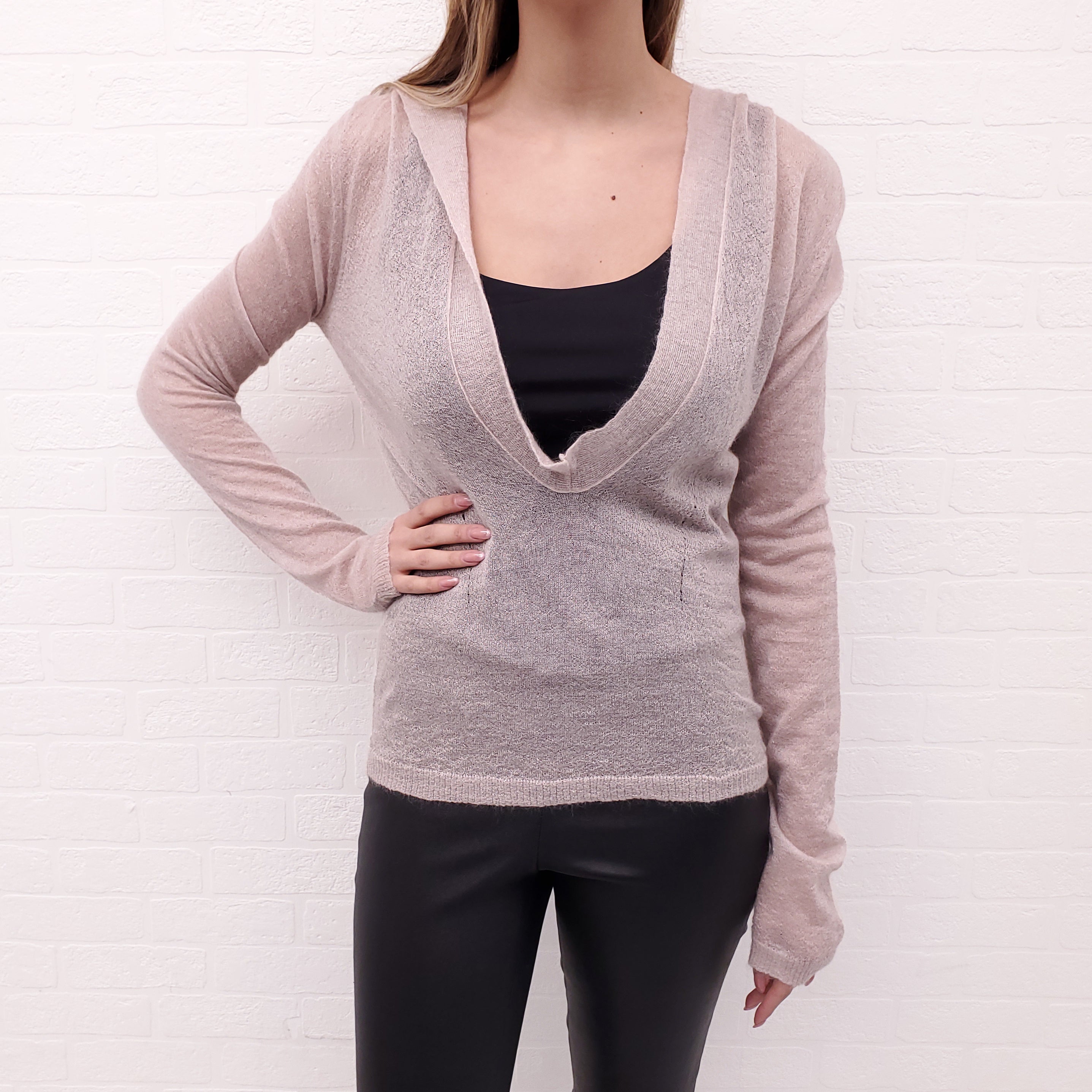 ANN DEMEULEMEESTER SHEER BEIGE HOODED SWEATER - SIZE 40