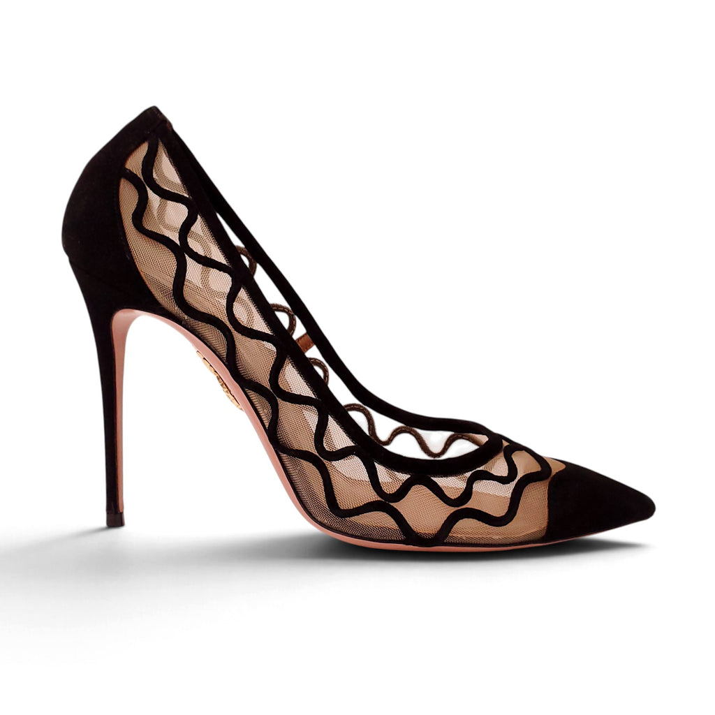 AQUAZZURA BLACK MESH PATTERNED SUEDE HEELS - SIZE 39