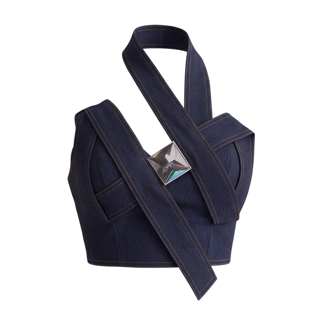 AREA DARK INDIGO CRYSTAL PYRAMID DENIM TOP - SIZE 0