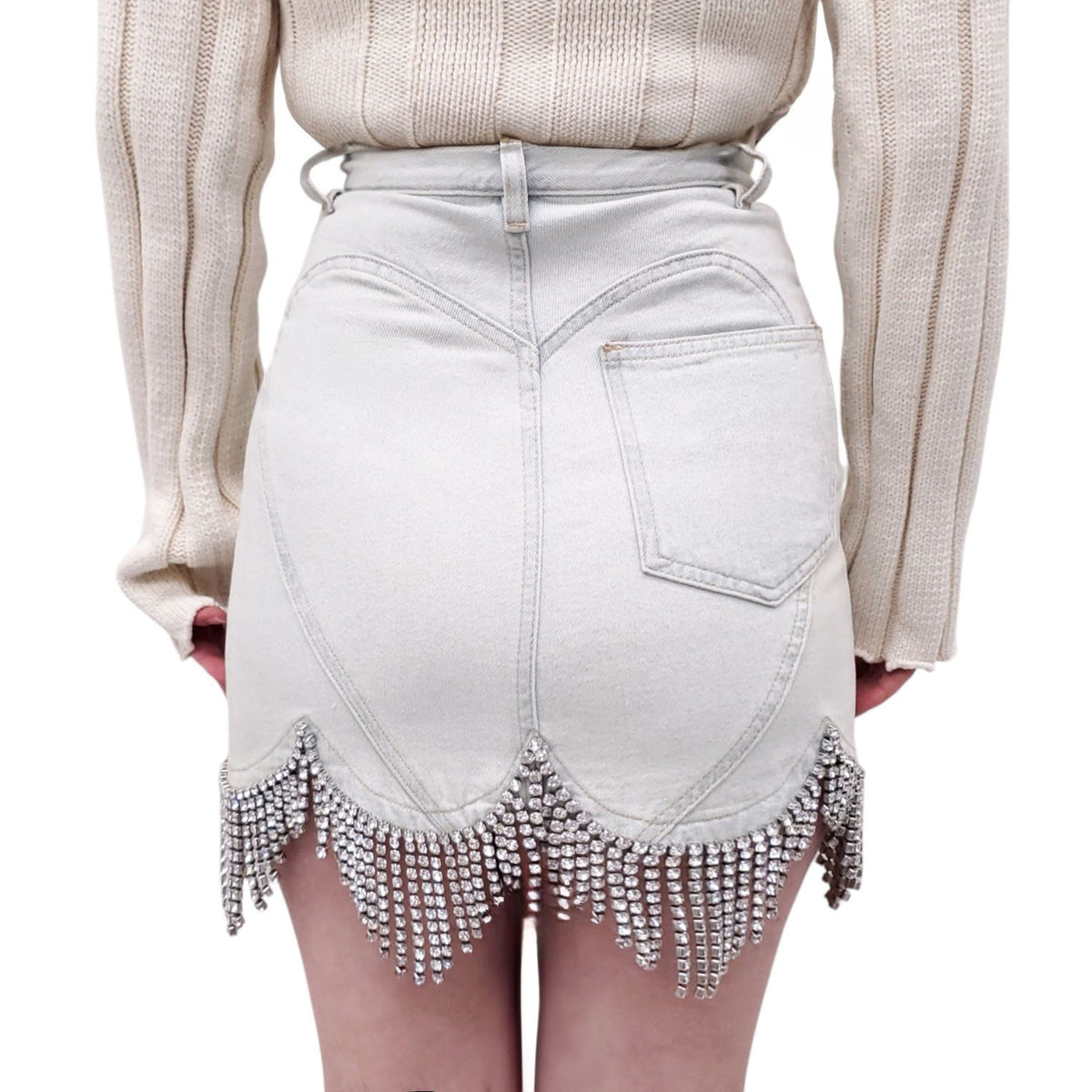 AREA DENIM SCALLOPED CRYSTAL FRINGE SKIRT - SIZE 25