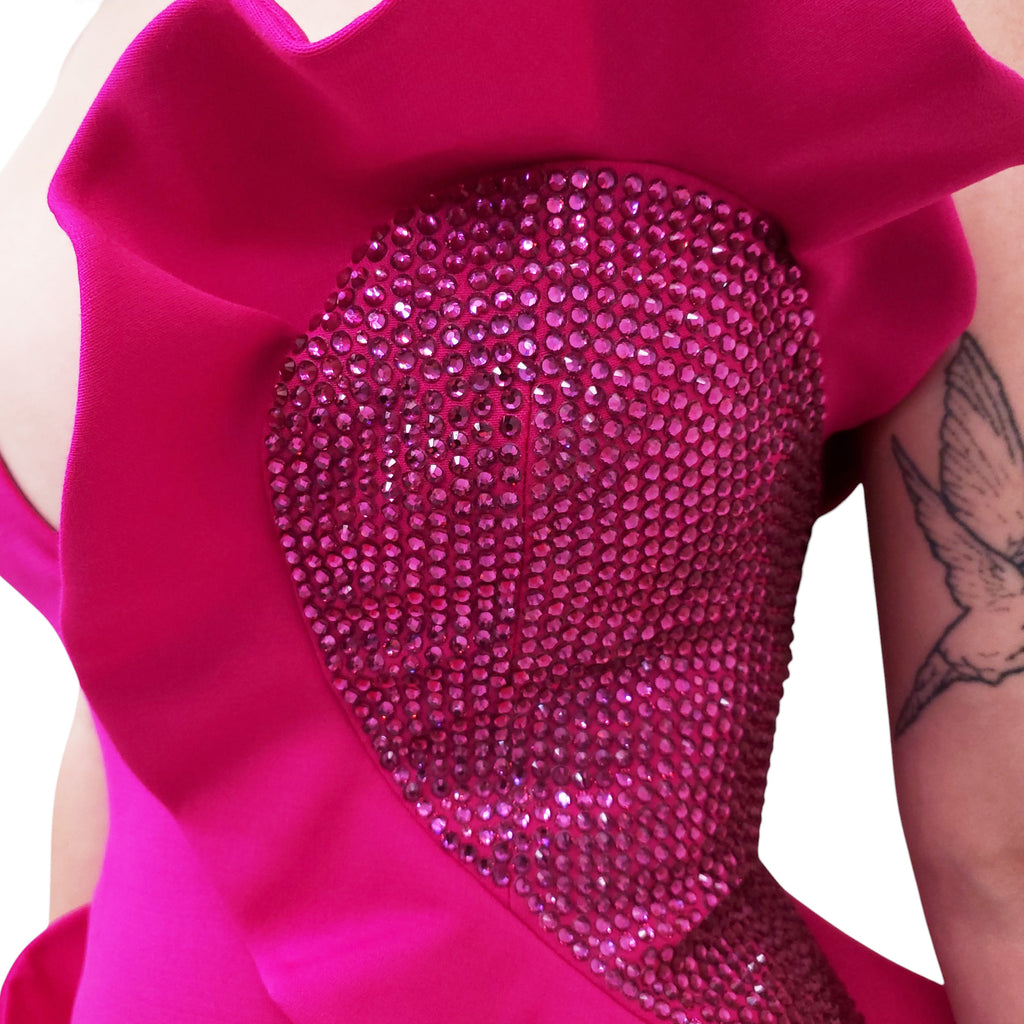 AREA FUCHSIA HEART RUFFLE MINI DRESS - SIZE 0