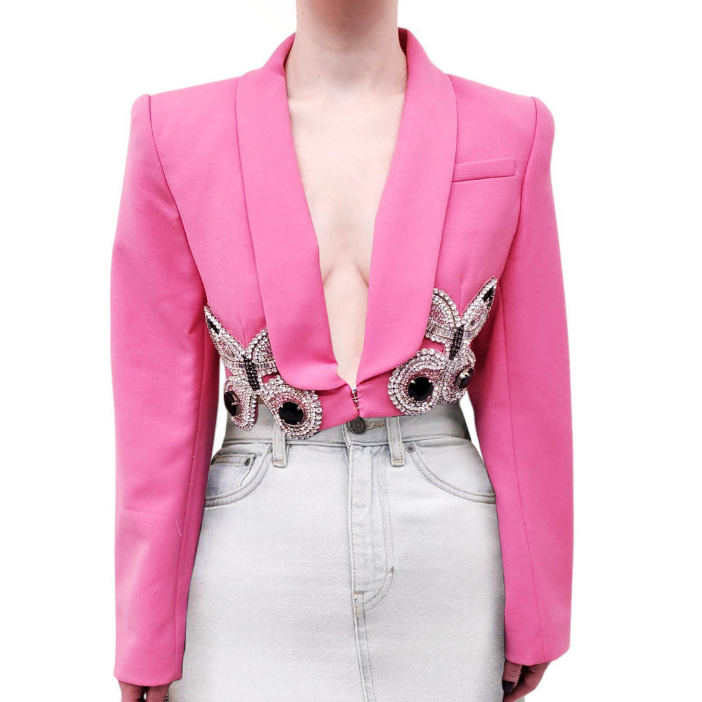 AREA PINK EMBROIDERED BUTTERFLY CROPPED BLAZER - SIZE 4