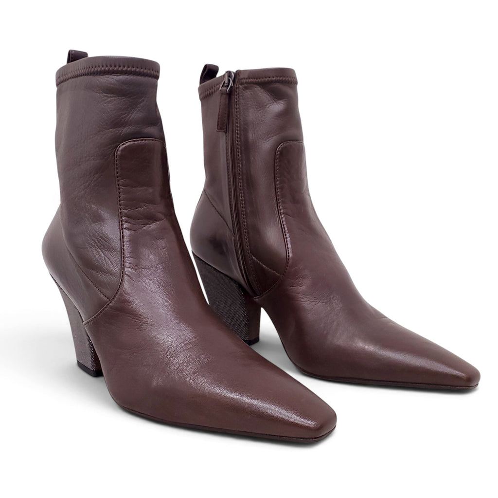 B.C. BROWN LEATHER BOOTIE WITH MONILI HEELS - SIZE 38