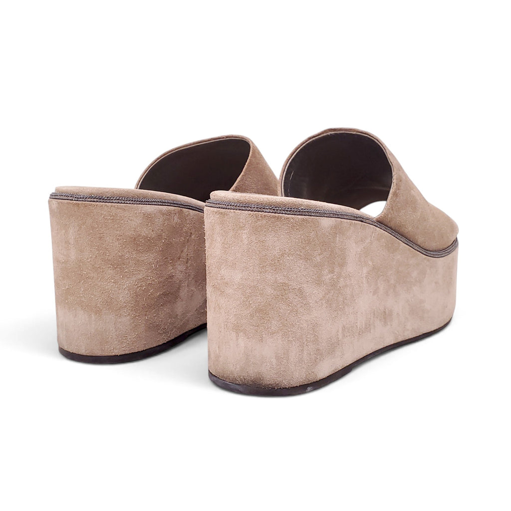 B.C. TAUPE SUEDE PLATFORM WEDGES WITH MONILI - SIZE 38