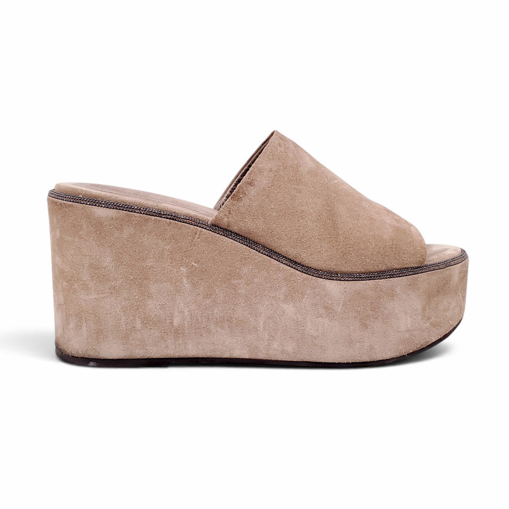 B.C. TAUPE SUEDE PLATFORM WEDGES WITH MONILI - SIZE 38