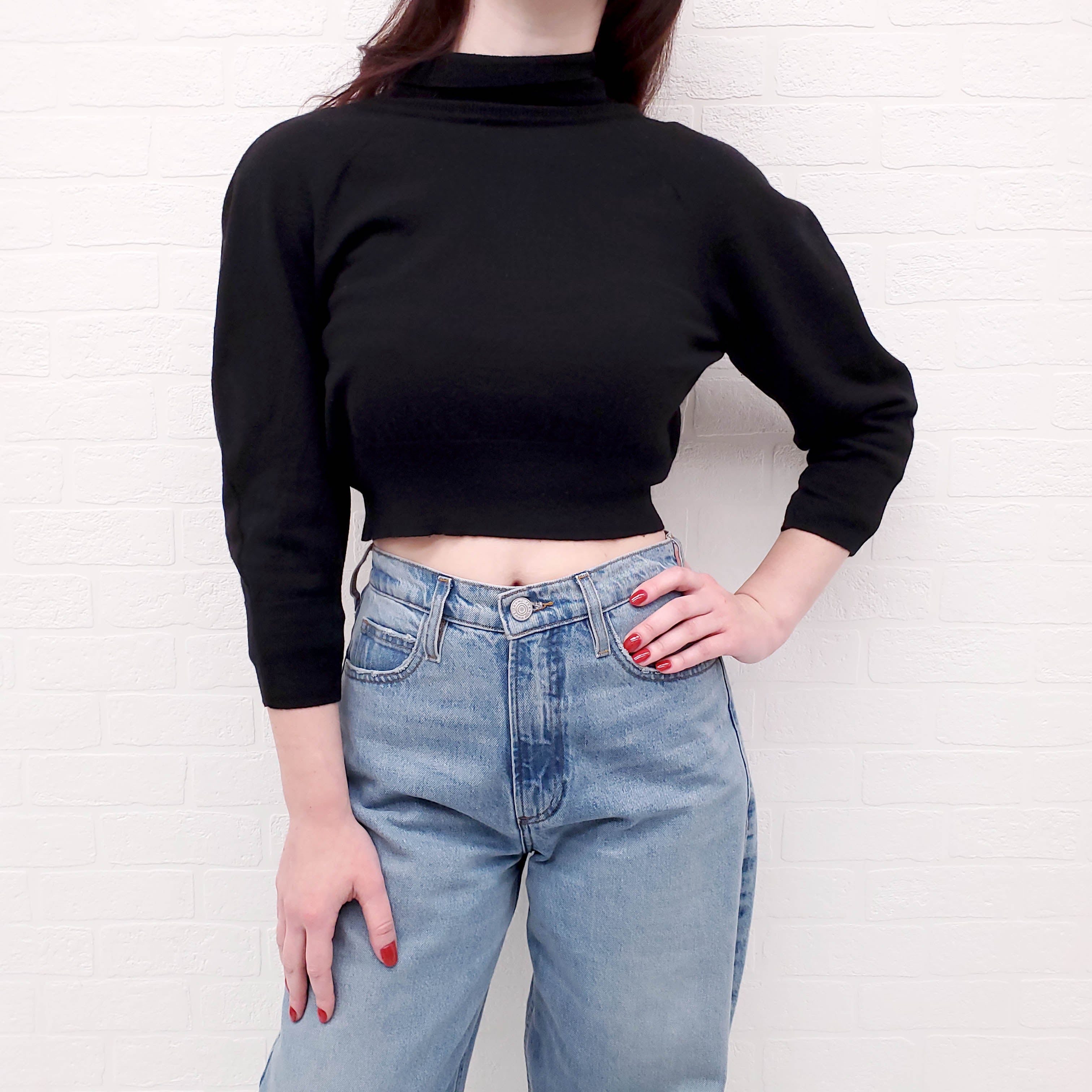 BALENCIAGA BLACK CROPPED TURTLENECK SWEATER WITH BUTTONS - SIZE 40