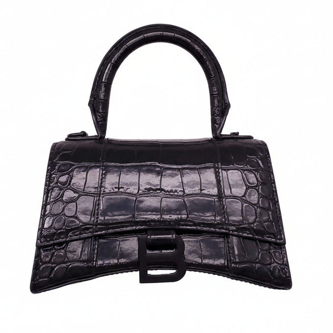BALENCIAGA BLACK HOURGLASS EXTRA SMALL CROC EMBOSSED TOP HANGLE BAG