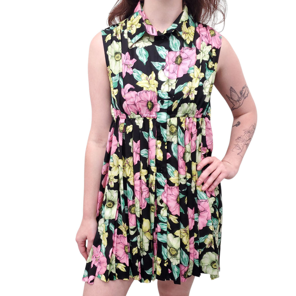 BALENCIAGA BLACK, GREEN AND PINK SLEEVELESS FLORAL DRESS - SIZE 36