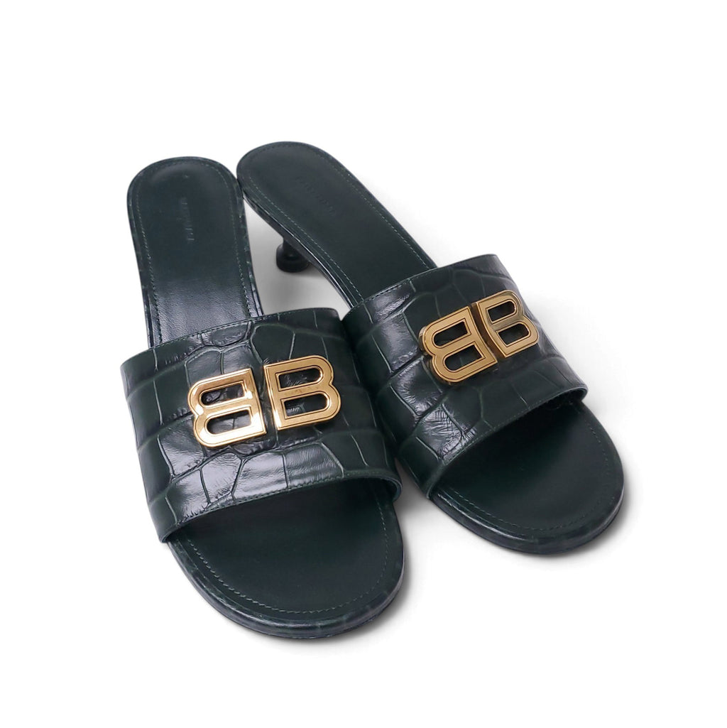 BALENCIAGA GREEN LEATHER LOGO MULES - SIZE 38