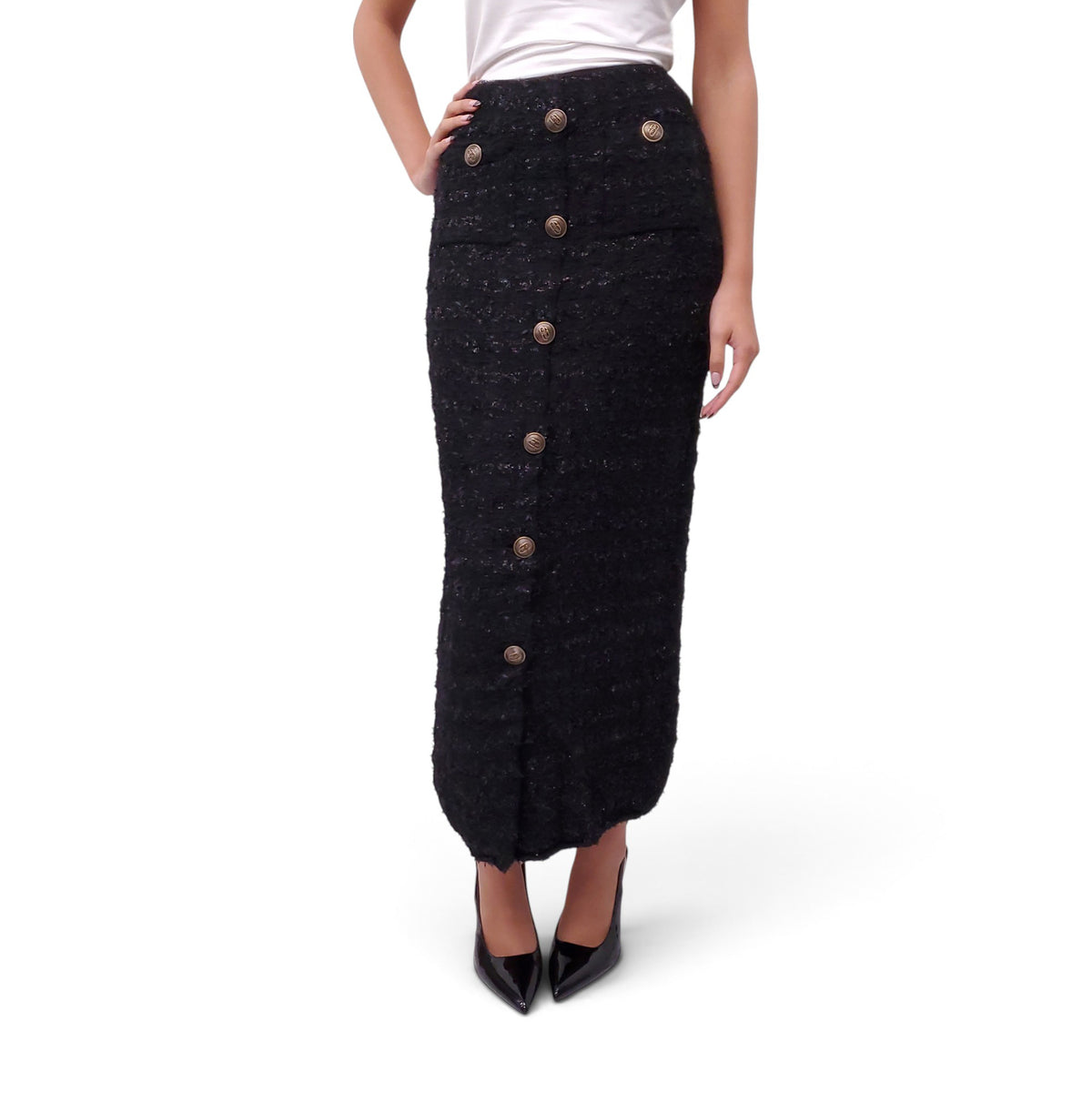 BALENCIAGA PATTERNED METALLIC SKIRT WITH GOLD LOGO BUTTONS - SIZE S