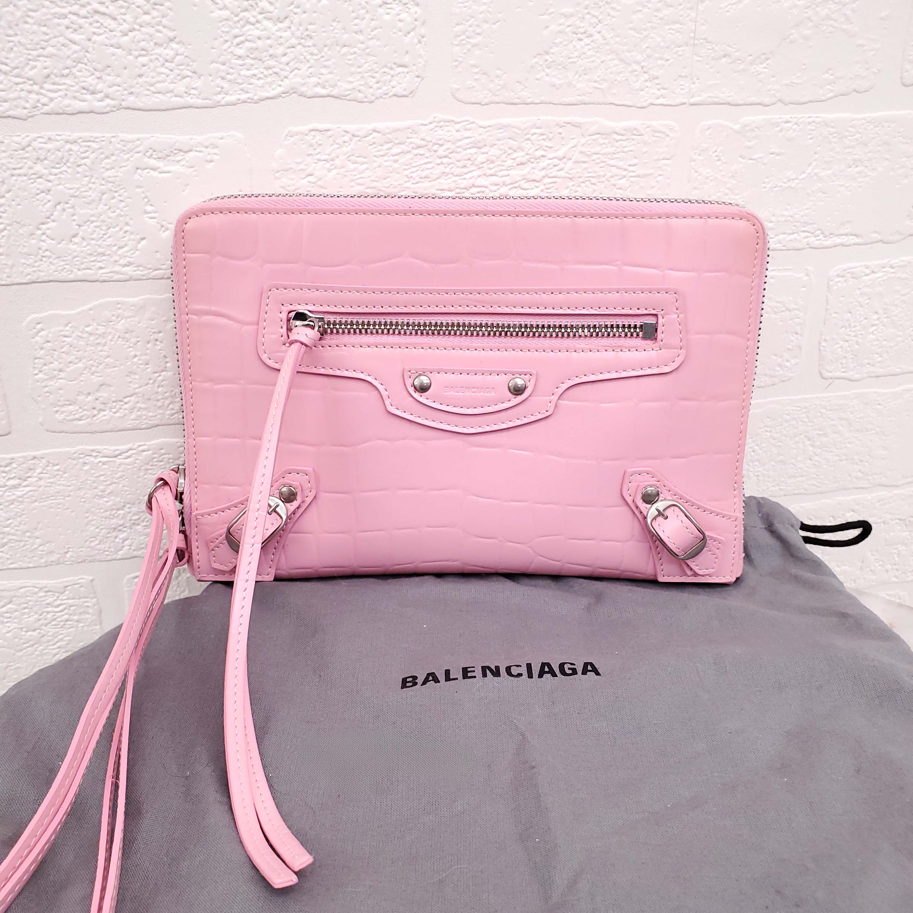 BALENCIAGA PINK CROCODILE NEO CITY CROSSBODY BAG